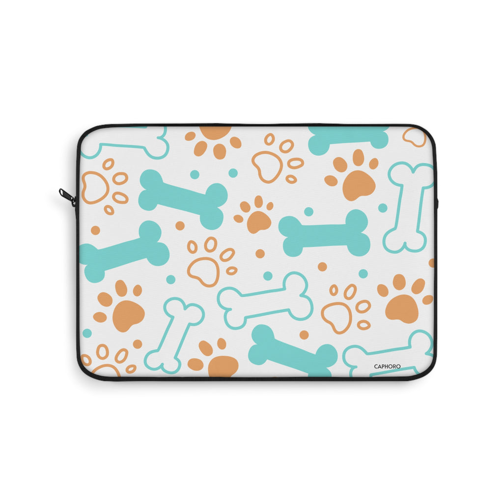Dog Bones & Paws Laptop Sleeve — Cute Teal & Tan Pet Pattern Sleeve