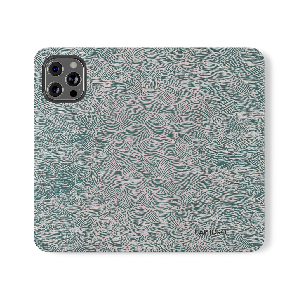 Marbled Teal Flip Phone Case — Textured Wallet Cover with Card Slots