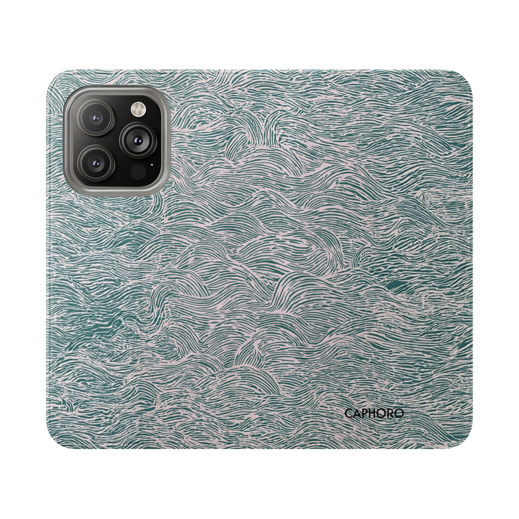 Marbled Teal Flip Phone Case — Textured Wallet Cover with Card Slots