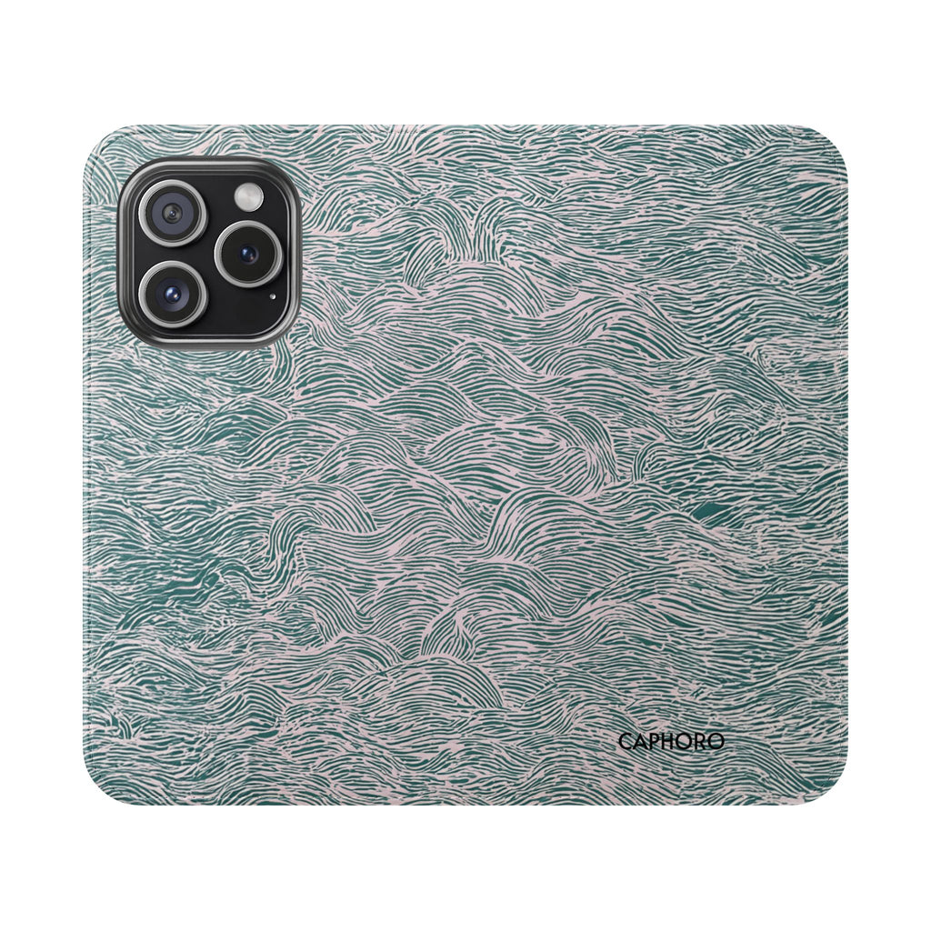 Marbled Teal Flip Phone Case — Textured Wallet Cover with Card Slots